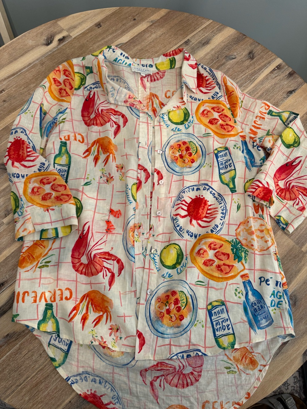 Calypso Shrimp Print Button-Up Shirt - White with Red & Orange with earrings L